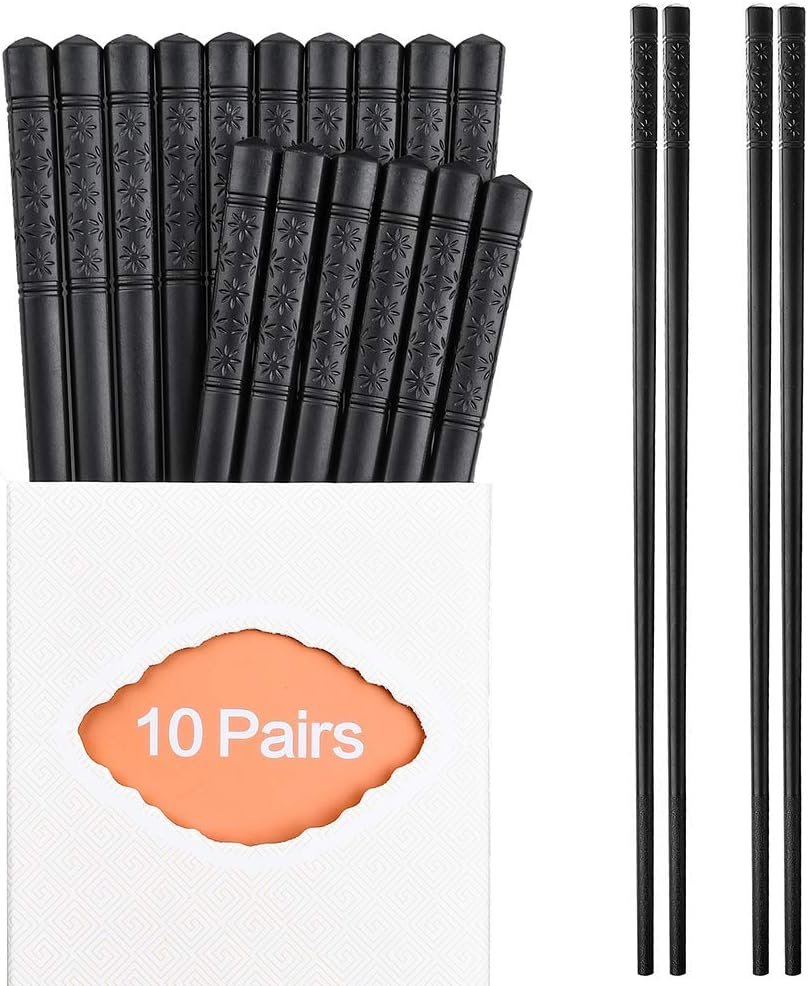 10 Pairs Fiberglass Chopsticks Family Set, ONEHERE Reusable Chinese, Japanese, Korean Chop sticks, Dishwasher Safe, Non-slip, for Sushi, Noodles, Food, Hotpot Cooking, 9.5 inches, Classic Black