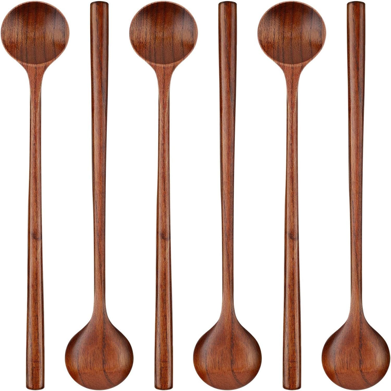 6 Pieces Wooden Long Spoons Long Handle Round Spoons Korean Style Soup Spoons for Soup Cooking Mixing Stirring Kitchen Tools Utensils, 10.9 Inch (Brown)