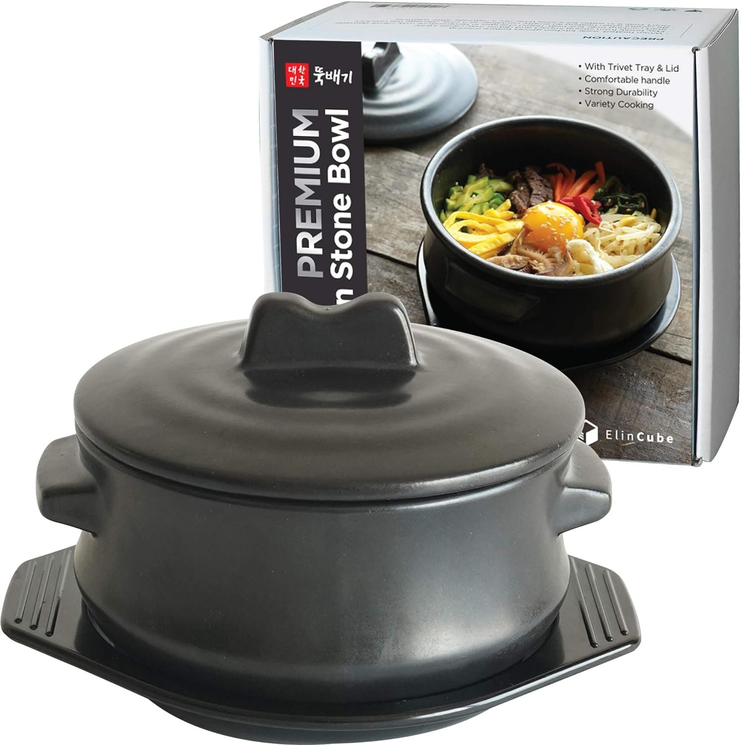 ElinCube Premium Korean Stone Bowl with Lid  Platter, Clay Pot for Cooking Hot Pot Dolsot Bibimbap and Soup Cookware