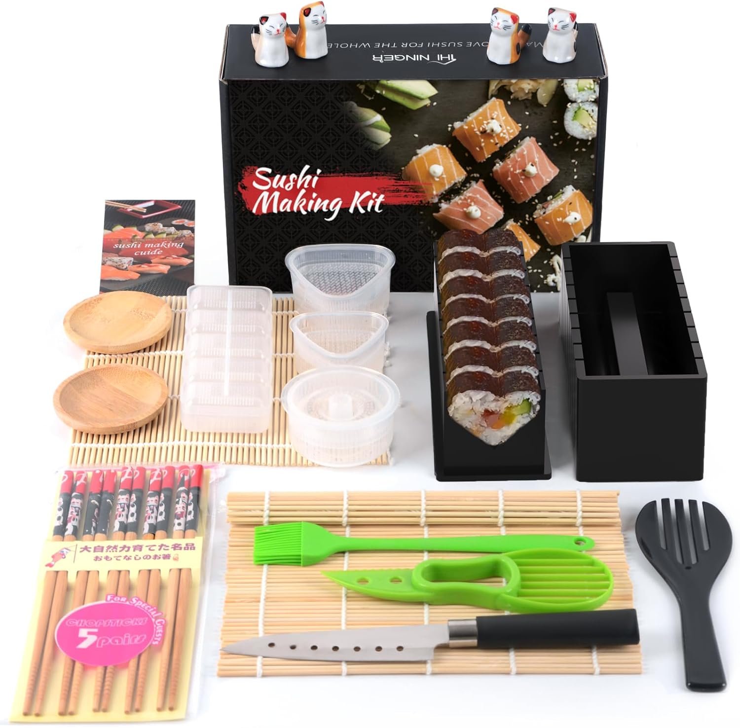 HI NINGER Sushi Making Kit Deluxe Edition Complete Sushi Maker Kit 12PCS Home Sushi Mold Press with Sushi Rice Roll Mold Shapes,Fork, Sushi Knife,Sushi Rolling Mat,Chopsticks