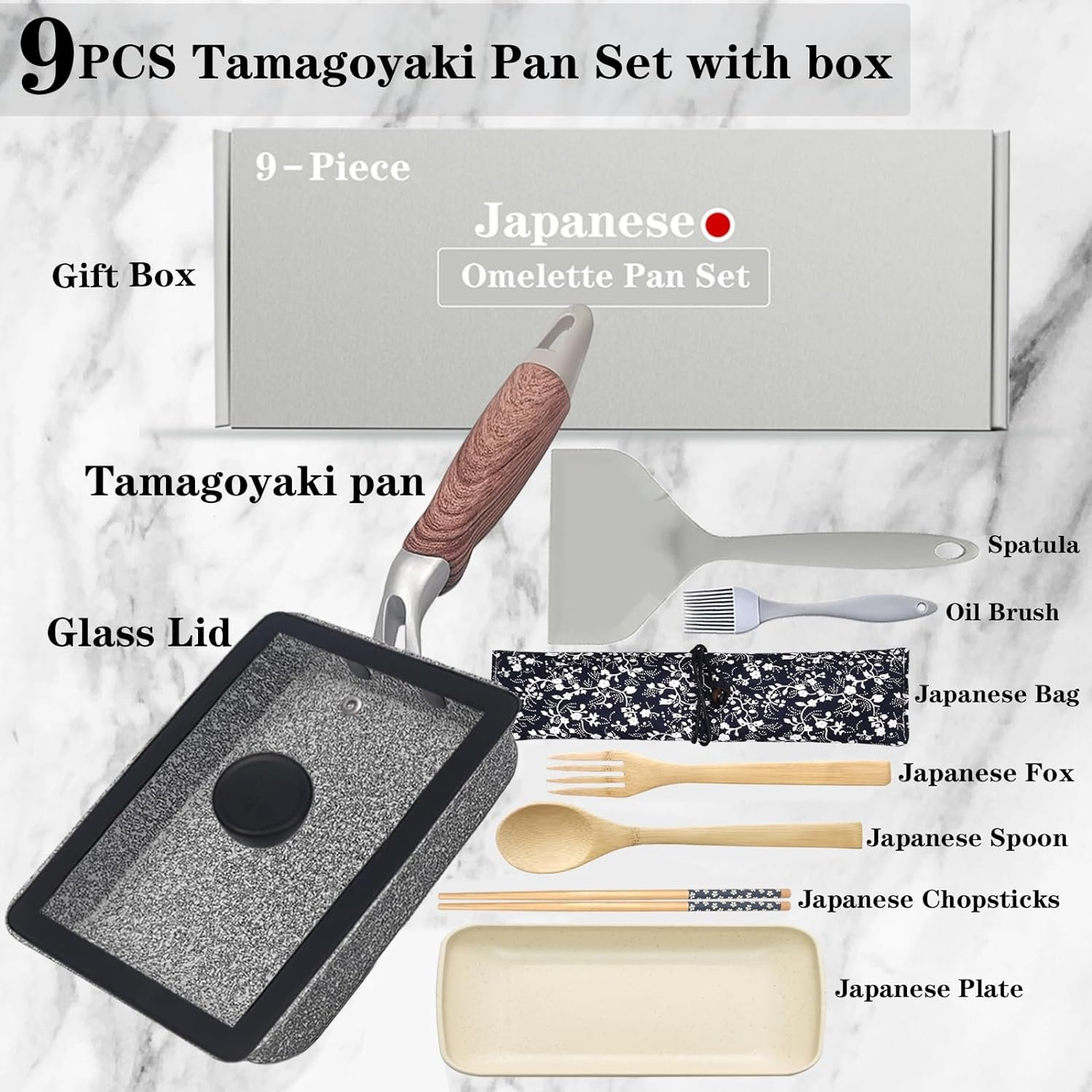 DXBVIEX 9 PCS Tamagoyaki Pan Set, Japanese Omelette Pan Nonstick with Lid, Square Japanese Egg Pan, Rectangle Tamago Pan 7.6 x 5.7 Grey