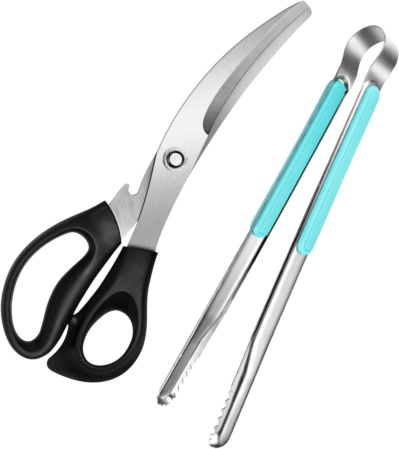 GUMIFOTNE Kitchen Scissors for Cutting Meat,vegetables,etc.Korean Barbecue Shear and tongs set,BBQ scissors and clip,Ergonomic Stainless Steel Multipurpose Kitchen Scissors and tongs set.