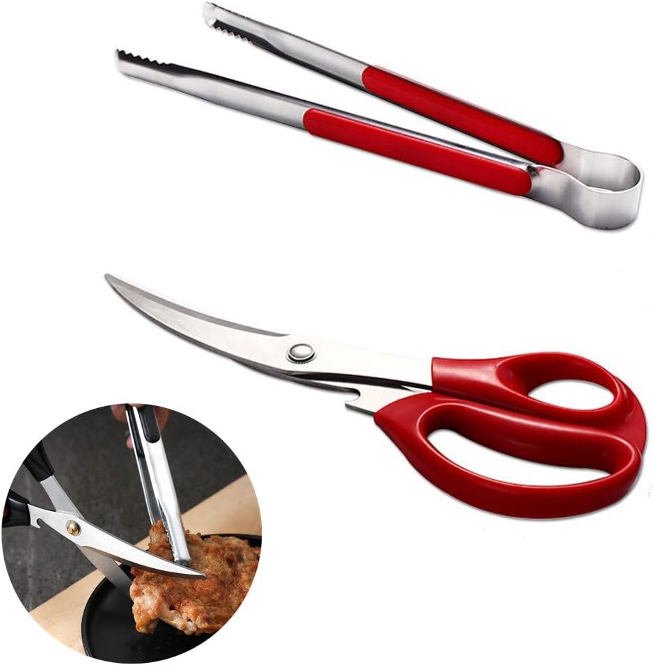 Korean barbecue scissors and clip set, BBQ scissors BBQ tongs, kitchen scissors, cooking scissors,pissa scissors, ergonomic scissors stainless steel scissors clip for easy use (red)