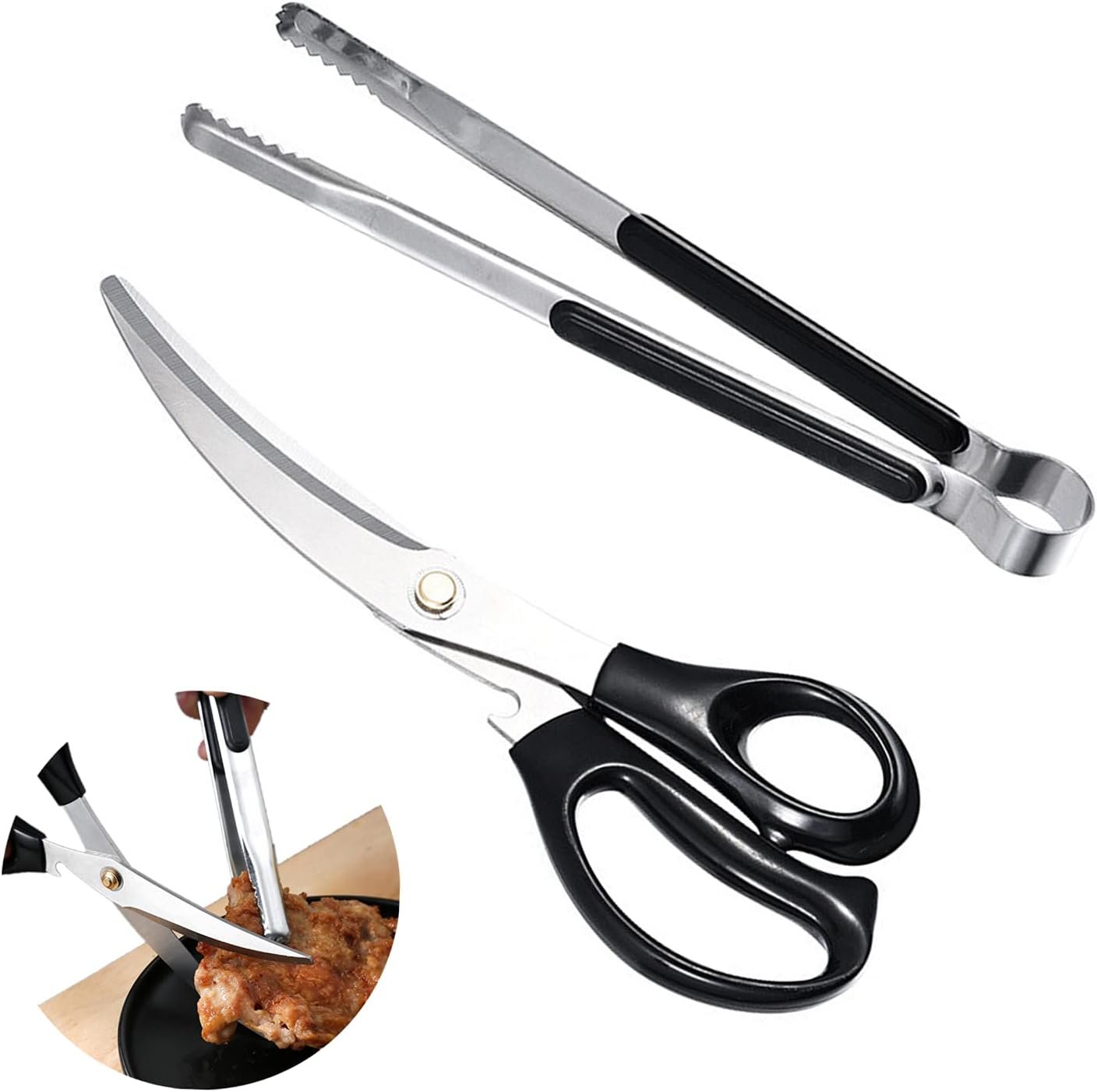 Korean barbecue scissors and clip set, BBQ scissors BBQ tongs, kitchen scissors, cooking scissors,pissa scissors, Ergonomic scissors stainless steel scissors clip for easy use (black)