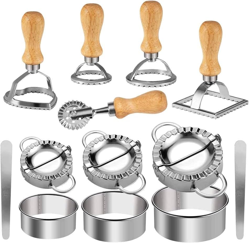 [13 Pieces Upgraded] 6 Pieces Ravioli Maker Cutter Stamp Set with Wooden Handle Four Shapes and 7 Pieces Stainless Steel Dumplings Maker Three Sizes–For Ravioli, Pasta, Dumplings, Lasagna