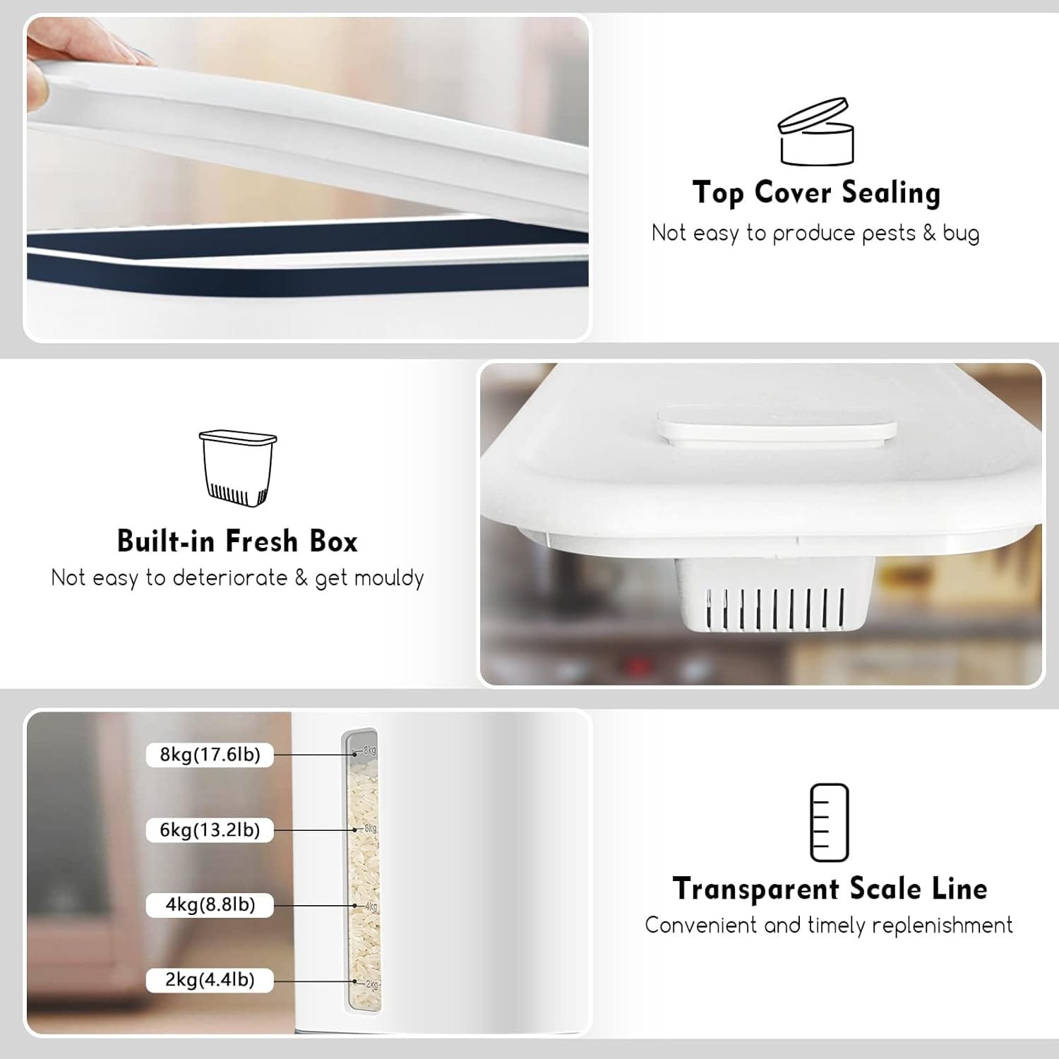 Rice Dispenser, 22-25 Lbs Rice Container with Measuring Cup, Upgraded Built-in Fresh Box, Cereal Dispenser Storage with Lids for Home Kitchen Pantry Rice Soybean Corn-Grey Rice Dispenser, 22-25 Lbs Rice Container with Measuring Cup, Upgraded Built-in Fresh Box, Cereal Dispenser Storage with Lids for Home Kitchen Pantry Rice Soybean Corn-Grey
