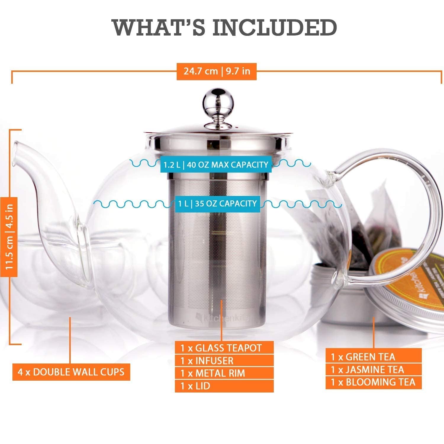 Glass Teapot Set with 4 Double Wall Teacups Removable Stainless Steel Infuser - Microwave Dishwasher Safe Clear Blooming Loose Leaf Teas, Tea Maker Gift Glass Teapot Set with 4 Double Wall Teacups Removable Stainless Steel Infuser - Microwave Dishwasher Safe Clear Blooming Loose Leaf Teas, Tea Maker Gift