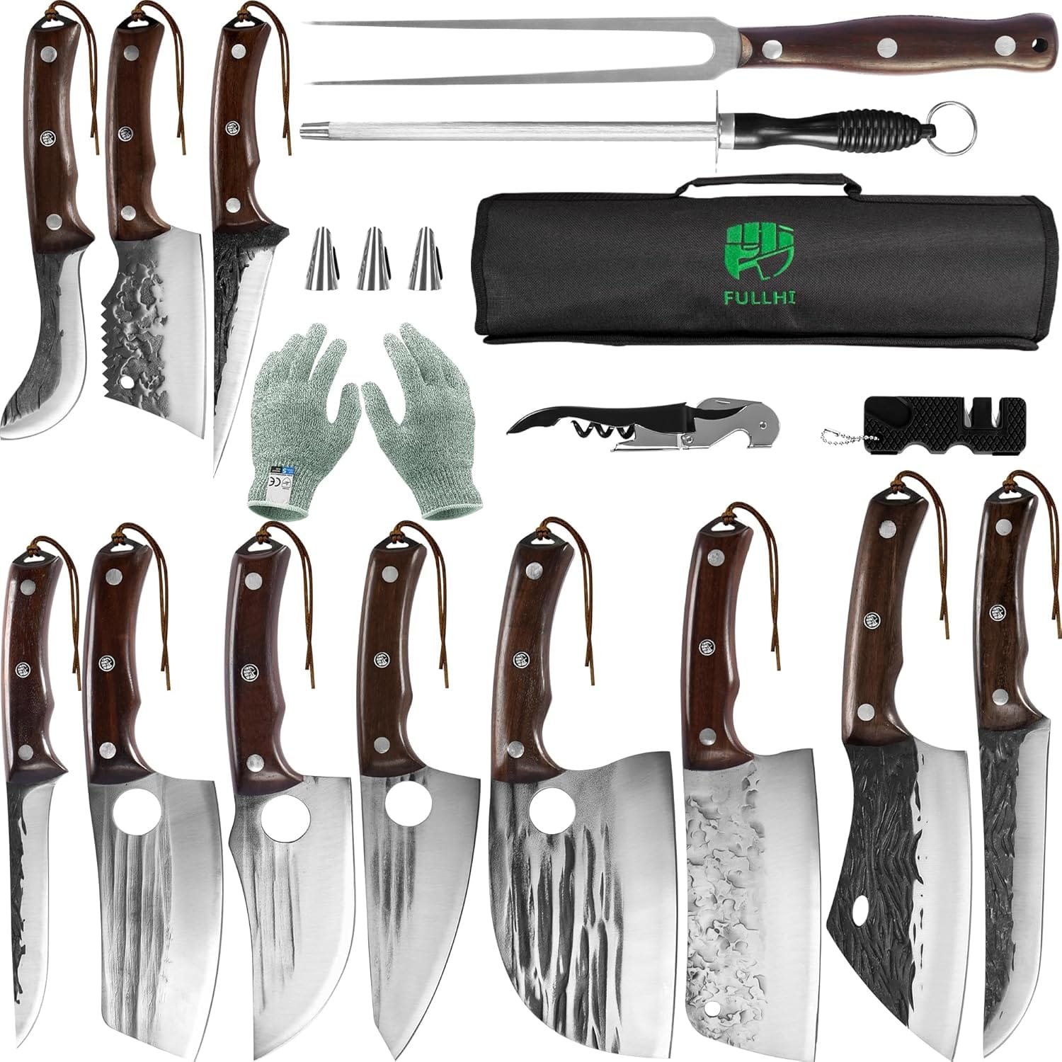 FULLHI 17pcs Butcher Chef Knife Set include sheath High Carbon Steel Cleaver Kitchen Knife Whole Tang Vegetable Cleaver Home BBQ Camping with Knife Bag