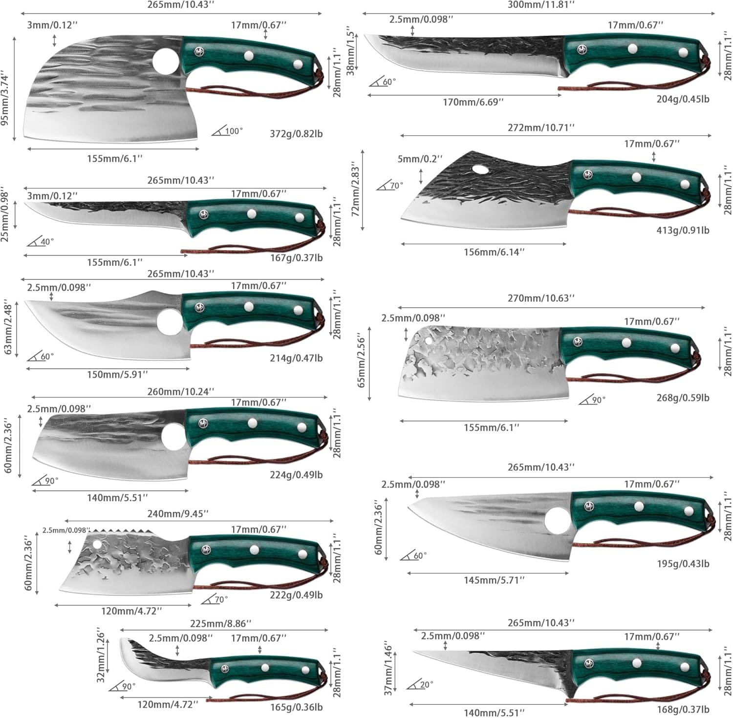 FULLHI 17pcs Butcher Chef Knife Set include sheath High Carbon Steel Cleaver Kitchen Knife Whole Tang Vegetable Cleaver Home BBQ Camping with Knife Bag