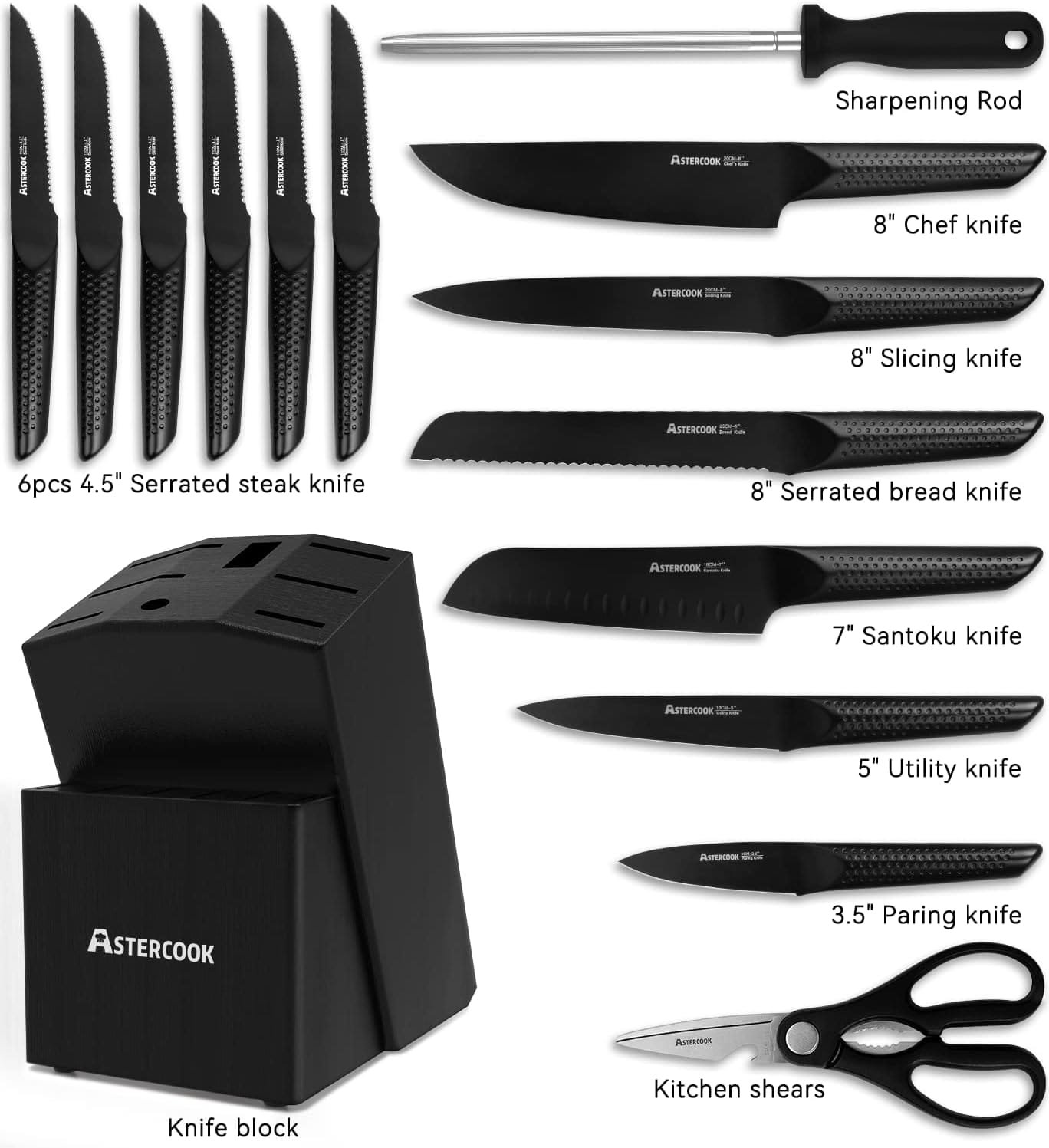 Knife Set, 15 Pieces Chef Knife Set with Block for Kitchen, German Stainless Steel Knife Block Set, Dishwasher Safe, Elegant Black Knife Set, 15 Pieces Chef Knife Set with Block for Kitchen, German Stainless Steel Knife Block Set, Dishwasher Safe, Elegant Black
