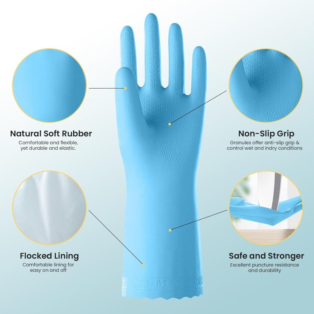 KAQ 4 Pairs Rubber Cleaning Gloves – Kitchen Dishwashing Gloves with Cotton Flocked Liner, Waterproof Dish Washing Gloves Latex Free, Flexible Non-Slip Household Gloves for Laundry, Gardening(Large)