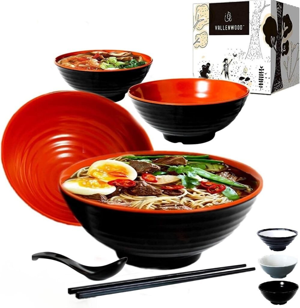 VALLENWOOD 4 Ramen Bowls, 12 pieces Pho set. Red Black Asian Japanese soup. Utensil: Spoons And Chopsticks kit. Melamine. Large 37 oz. Noodles, Rice, Udon, Thai, Chinese, Korean, Udon, Wonton, Miso.
